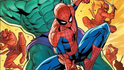 Spider-Man crouching, Hulk and ninjas fighting, text "SPIDER-MAN MIDTOWN MAYHEM ONE-SHOT ADVENTURE"