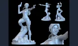 The image features a dynamic 3D miniature of Lara Croft, depicted in various poses. She is shown in a detailed, action-ready stance, holding a gun in one hand while standing on a rocky base. The miniature showcases her iconic outfit, including a tank top and shorts, with her hair styled in a braid. The design emphasizes her adventurous spirit, making it suitable for the upcoming Tomb Raider: The Crypt of Chronos board game.