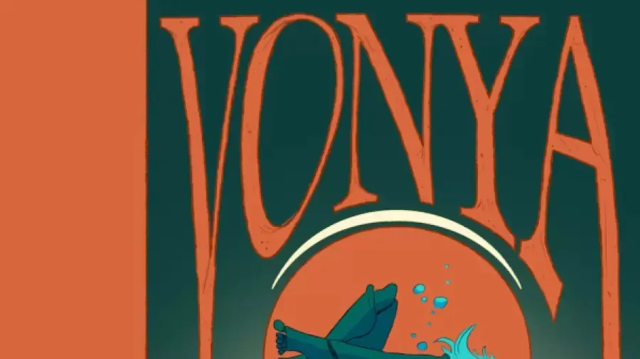 A seated figure in a long coat and hat, holding a glowing orb with a small creature inside. Above, a circular window shows a blue whale and smaller aquatic creatures in a red-orange underwater scene. Text reads "by Henry Harris" in small font near the top center.