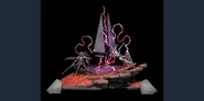 The scene features two miniatures: Ahsoka Tano, wielding her lightsabers, and Darth Vader, holding his red lightsaber, positioned on a detailed scenic terrain piece. The base is designed to resemble a Sith temple, with a reddish-brown surface and angular structures, while purple energy effects swirl around the duelists, enhancing the dramatic atmosphere. The backdrop includes sharp, triangular elements that evoke the temple's architecture, creating a dynamic setting for their confrontation.