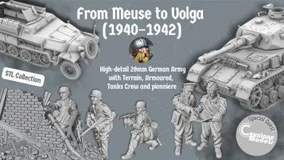 A collection of detailed 28mm German army miniatures and vehicles is showcased, featuring a half-tracked armoured personnel carrier alongside various soldiers in dynamic poses, equipped with weapons like the MG34 and Mauser K98. The background includes a textured wall of bricks, enhancing the historical context. The text highlights the campaign title "From Meuse to Volga (1940-1942)" and mentions the STL collection for 3D printing.