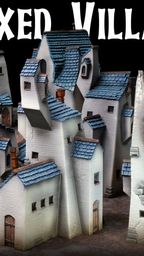 A collection of quirky, ramshackle buildings from the Vexed Village set, featuring skewed proportions and angles that create a surreal aesthetic. The structures are predominantly white with blue roofs, showcasing a mix of intact and ruined designs, including crumbling walls and a partially destroyed tower. The title "Vexed Village" is prominently displayed at the top in bold, stylized lettering against a dark background.