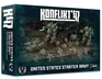 A box for the "Konflikt '47 United States Starter Army" features a dynamic scene with various miniatures and vehicles. In the foreground, several detailed figures in military attire are arranged alongside a tank and a large, mechanized walker, showcasing the game's unique blend of historical and sci-fi elements. The background depicts a war-torn environment, enhancing the thematic setting of the game.