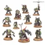 11 green Ork miniatures on round bases, various weapons and armor, "WARHAMMER COMMUNITY" text top right