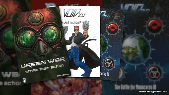 The image features several tabletop gaming rulebooks stacked together. The prominent cover in the foreground displays "Urban War: Strike Team Action" with a striking design featuring a gas mask and bold text. Behind it, two VOID rulebooks are visible: one titled "VOID 2.0: Assault on Juzo Precinct," showcasing a character with a gun, and another titled "VOID 2.0: The Battle for Monoceros III," featuring a stylized planet and graphic elements. The overall color scheme includes dark tones with vibrant accents, emphasizing the sci-fi theme.