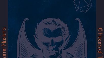 A stylized illustration of a vampire with prominent fangs and bat-like wings is centered against a dark blue background. The vampire has a serious expression, dressed in a formal suit, and is flanked by gaming elements like a twenty-sided die and a pair of dice, suggesting a tabletop gaming theme. Text on the left and right sides highlights "8 Game Masters" and "6 Hours of Terror," emphasizing the event's focus on role-playing games.