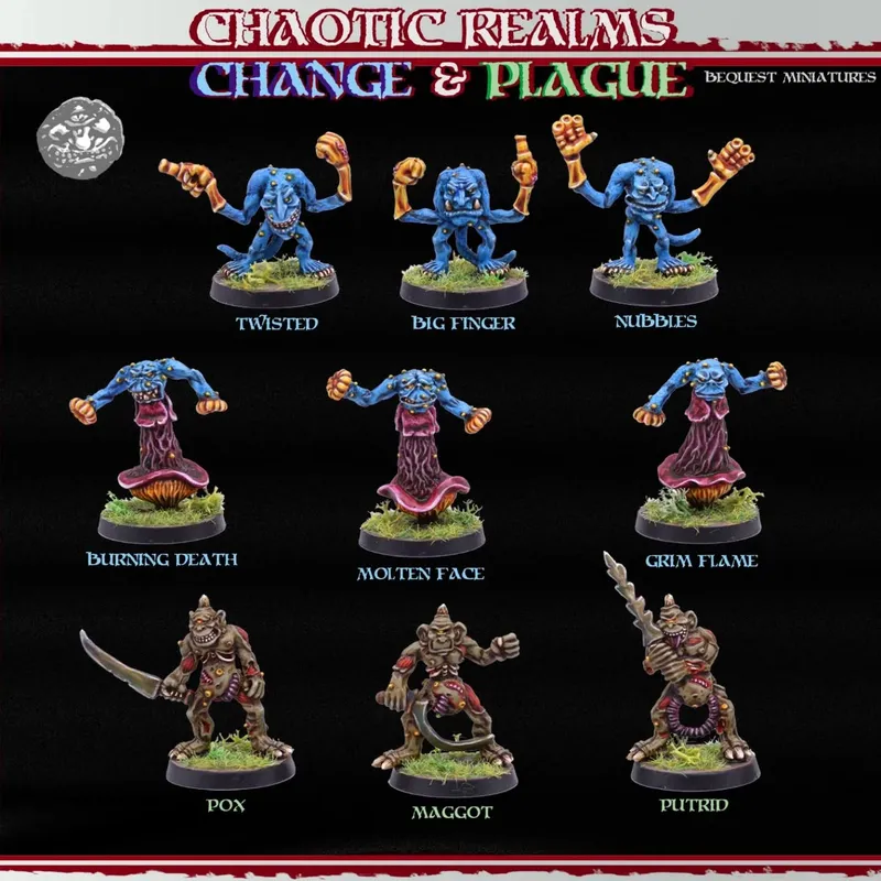 A collection of nine chaotic miniatures from the BeQuest Miniatures range, titled "Chaotic Realms: Change & Plague," is displayed against a black background. The miniatures include vibrant, grotesque figures such as "Twisted," "Big Finger," and "Nubbies," each with unique features and dynamic poses. The bottom row features "Pox," "Maggot," and "Putrid," showcasing detailed sculpting and colorful bases, emphasizing their chaotic and fantastical nature.