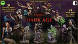 A collection of intricately designed female miniatures from the "Ladies of the Dark Age" series, displayed prominently against a dark, atmospheric background featuring a castle silhouette. The miniatures vary in scale, including 75mm and 32mm, showcasing diverse characters such as warriors and spellcasters, each with unique poses and details. The text highlights "21 UNLOCKED ALTERNATE VERSIONS," emphasizing the variety available in this collection.