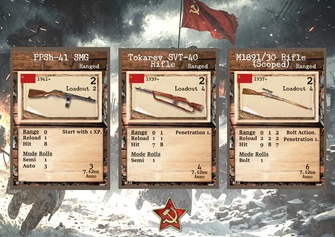 Three weapon cards from a tabletop wargame: PPSh-41 SMG, Tokarev SVT-40 Rifle, and M1891/30 Rifle (Scoped). Each card shows the weapon name, type, loadout cost, year introduced, range, reload, hit values, penetration, mode rolls, and ammo type. A red flag with a yellow hammer and sickle emblem and a red star with a hammer and sickle are visible in the background.