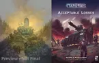 A split image features two distinct illustrations for upcoming wargames from Osprey Games. On the left, a group of warriors stands atop a rocky outcrop, surrounded by a misty landscape, suggesting a scene of celebration or tribute. On the right, the cover of "Stargrave: Acceptable Losses" showcases a futuristic setting with a heavily armored vehicle and a character in combat gear, set against a backdrop of action and chaos. The title and author are prominently displayed at the bottom of the right side.