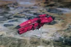 Red spaceship model on a stand over a blurred map background.