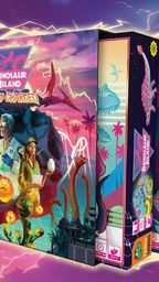 A vibrant and colorful display features the box art for "Dinosaur Island: Fully Charged," prominently showcasing the game's title in bold pink lettering. The artwork depicts a lively scene with characters interacting with dinosaurs, set against a tropical backdrop filled with palm trees and a dramatic sky. To the right, additional game boxes are visible, hinting at expansions or related content, all framed by a dynamic, electrifying design.