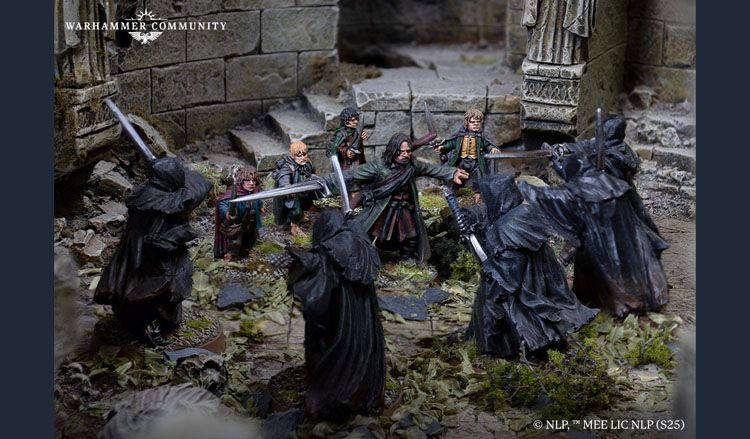 A dynamic scene depicts a confrontation between a group of cloaked figures, resembling Ringwraiths, and a diverse band of heroes from The Lord of the Rings. The heroes, including characters like Aragorn and Frodo, are positioned in a ruined stone setting, surrounded by overgrown foliage and debris. The Ringwraiths, dressed in dark, tattered cloaks, wield swords, creating a tense atmosphere as they face off against the protagonists. The intricate details of the miniatures highlight their distinct features and expressions, enhancing the narrative of this iconic moment.