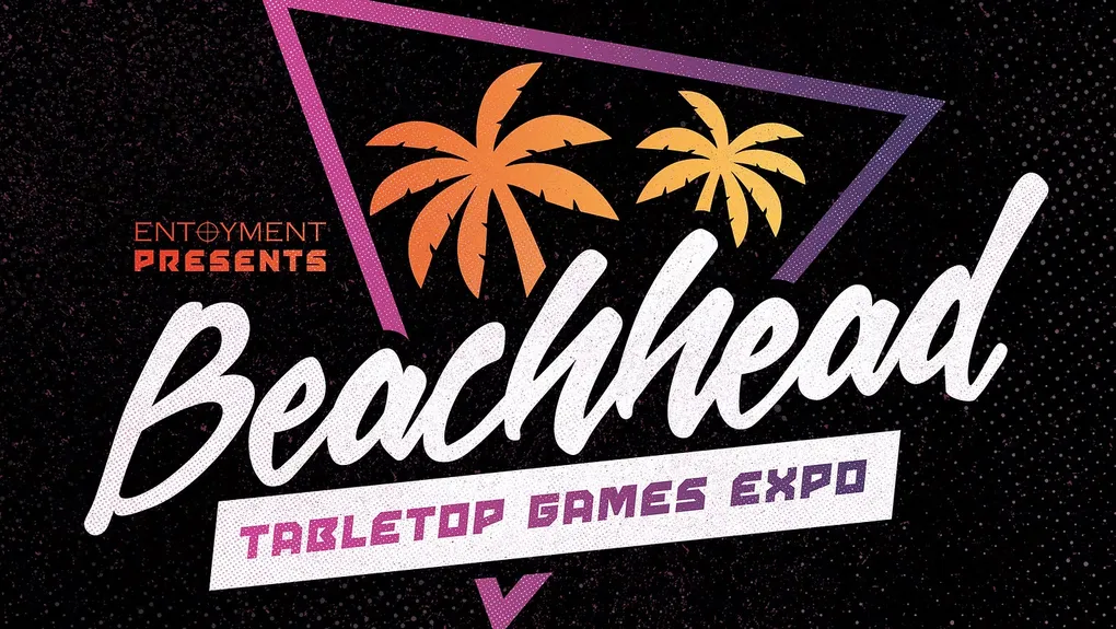 The design features the word "Beachhead" prominently in a bold, stylized font, with the phrase "TABLETOP GAMES EXPO" beneath it. Vibrant palm trees in orange and yellow are positioned above the text, set against a dark, textured background with geometric shapes in purple and pink. The overall aesthetic conveys a lively and tropical theme, suitable for a gaming event.