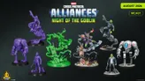 A collection of colorful miniatures from the Marvel: Crisis Protocol Alliances game is displayed, featuring various characters and creatures. The figures include a purple robotic character, a green goblin-like creature, and a human figure holding a weapon, all set on black bases. The miniatures showcase intricate details and dynamic poses, emphasizing their role in cooperative gameplay.