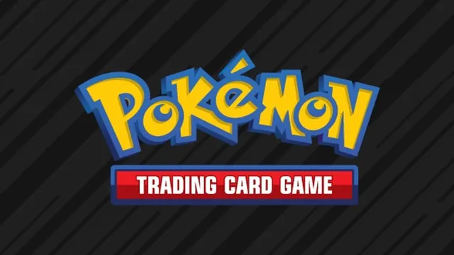 Pokémon logo in yellow and blue 3D letters on black diagonal striped background. Below it, red banner with white text reading "TRADING CARD GAME."