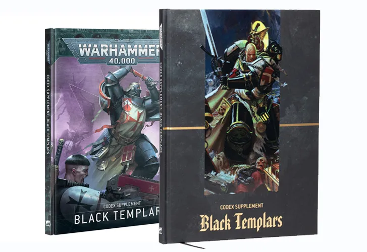 Two codex books for the Black Templars are displayed side by side. The left book features a colorful cover with a dynamic illustration of a Black Templar warrior, showcasing their iconic black armor and red accents, along with the title "WARHAMMER 40,000 BLACK TEMPLARS." The right book has a more subdued, dark cover with a striking image of Black Templar characters in action, prominently displaying the title "CODEX SUPPLEMENT Black Templars." Both books are designed for tabletop gaming enthusiasts, providing rules and lore for the Black Templars faction.
