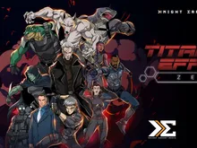Group of twelve animated characters in dynamic poses, set against a dark, fiery background. Central figure wears a black trench coat with glowing symbols, flanked by armored soldiers, a green-skinned figure, and a robotic figure. One character holds a glowing orb, another wields a knife.