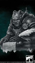A detailed illustration features a grim-looking character with a stern expression, wearing ornate armor and a large shoulder pad, seated at a desk with a scroll in hand. The background is a dark, textured teal, enhancing the ominous atmosphere. The title "Imperium Maledictum Adventures" is prominently displayed in bold, white lettering, with the Warhammer 40,000 logo positioned at the top left corner.