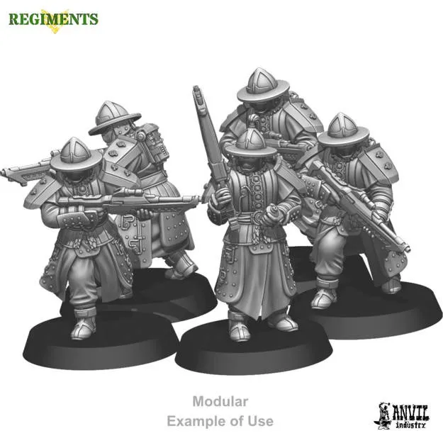 Four armored figures with conical hats, long rifles, and layered armor on black bases.