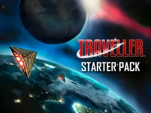 Traveller Starter Pack text with a planet, two spaceships, and a red nebula.