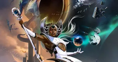 A futuristic warrior in white armor fights a dragon in space, with planets and debris around.