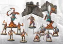 Miniature warriors, stone ruins, and fiery effects on circular bases.