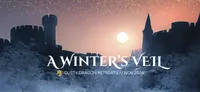 A medieval castle stands against a twilight sky, with a large sun setting behind it, casting a warm glow. The foreground features a snowy landscape, enhancing the atmospheric and magical vibe of the scene. The text "A WINTER'S VEIL" is prominently displayed, along with "DUSTY DRAGON RETREATS // NOV 2026," suggesting an immersive Dungeons & Dragons experience.