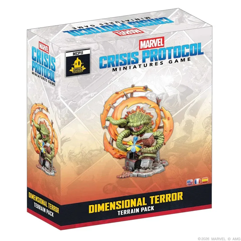 Box for the Marvel Crisis Protocol Miniatures Game, featuring a green, reptilian creature wrapped around a circular, fiery structure. The box is labeled "Dimensional Terror Terrain Pack" and includes the Marvel Crisis Protocol logo, a small MCP11 sticker, and flags of the UK, France, and Spain. The background shows a faint, blurred image of the same creature and structure.