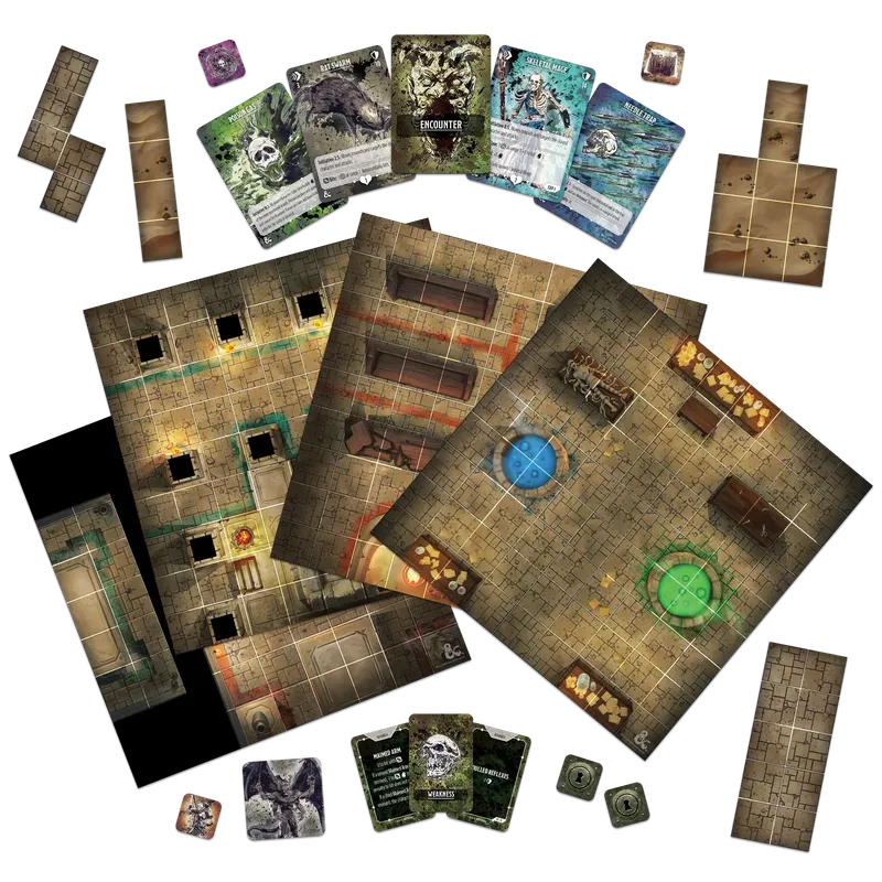 A collection of game components for the Dungeons & Dragons Onslaught: Tomb of Horrors - Maps & Monsters Expansion is displayed. The image features several dungeon map tiles with intricate stone patterns, some showing traps and treasure areas, along with various character and encounter cards. Additionally, there are tokens and a purple die, all arranged to showcase the game's cooperative gameplay elements and the randomization of dungeon layouts.