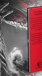 A striking illustration features a large, ominous moth-like creature with glowing red eyes and intricate wings, set against a dark, swirling background. In the foreground, a figure appears to be casting a spell, with a glowing orb in hand, while another figure gestures in surprise. The image also includes two books titled "P.T. LaMarck's Cryptid Codex," with a red spine displaying text about the supplement's content and compatibility with 5E gameplay.