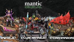 A promotional image for Mantic Digital features three distinct miniatures representing different membership tiers. On the left, a dark sorceress in purple robes stands atop a base with tendrils, labeled "Fanatic." In the center, an orc pirate wielding a weapon and wearing a captain's outfit is marked "Club Mantic." On the right, a detailed ship with red sails and skull motifs is labeled "Companion." The background is filled with various miniatures, enhancing the fantasy theme. The Mantic Digital logo is prominently displayed at the top.