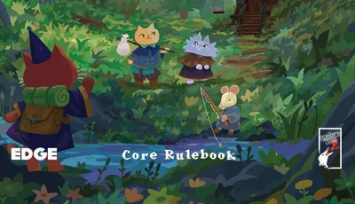 A whimsical illustration features a vibrant forest scene with a variety of anthropomorphic animals. In the foreground, a red cat wearing a wizard's hat and a backpack stands beside a yellow cat in blue clothing, while a blue cat with a mischievous expression and a mouse in a tunic are engaged in activities nearby. A charming wooden house is visible in the background, surrounded by lush greenery and mountains, creating a magical atmosphere. The title "Dungeons & Kittens" and "Core Rulebook" are prominently displayed at the bottom.