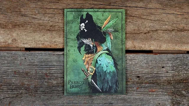 Illustrated parrot wearing a pirate hat with a skull and crossbones, holding a cutlass. Background shows a green map with faint island outlines. Text reads "Parrot Borg" and "A Scenarized Poa."
