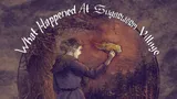 A woman in a long dress and dark coat stands outdoors at dusk, holding a glowing yellow object. A tree with bare branches frames her. Text above reads: "What Happened At Sugarworm Village."