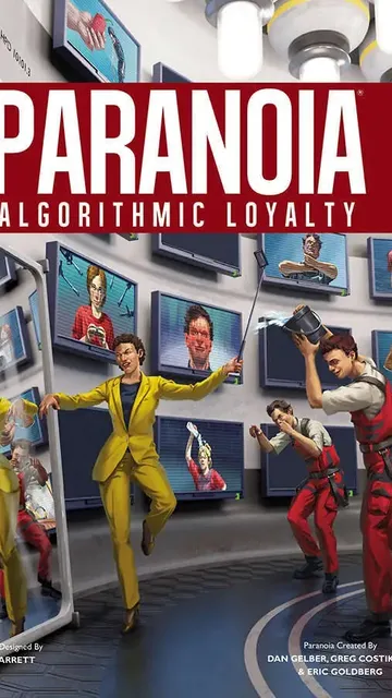 PARANOIA ALGORITHMIC LOYALTY, people in yellow and red suits, screens with faces, selfie stick.