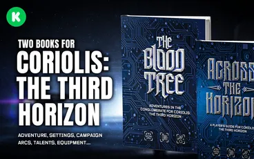 Two books: "Coriolis: The Third Horizon" and "The Blood Tree" with circuit-like cover art.