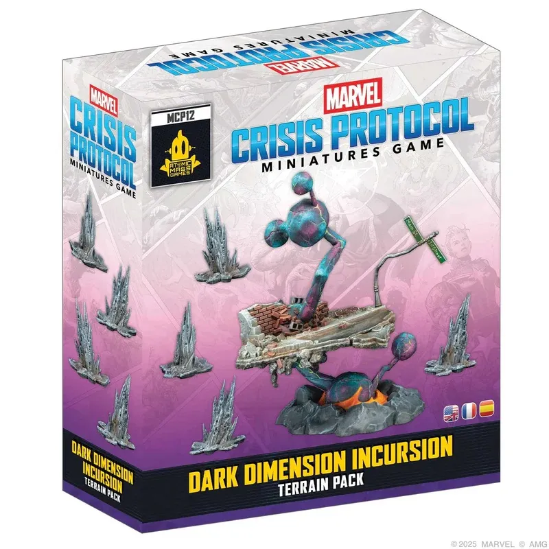 Box for the Marvel Crisis Protocol Miniatures Game, labeled "Dark Dimension Incursion Terrain Pack." The packaging features a clear plastic front displaying painted miniatures: a large, colorful, metallic robot-like figure with a hammer, standing on a ruined brick platform with a small flame, surrounded by eight jagged, crystalline terrain pieces. The top of the box has the Marvel logo and the game title in bold blue and red text. A sticker on the top left reads "MCP12" and "Atomic Mass Games." The bottom of the box includes the text "DARK DIMENSION INCURSION TERRAIN PACK" in yellow and white. Small flag icons for the US, France, and Spain are visible near the bottom right. The copyright text "©2025 MARVEL © AMG" appears at the bottom.