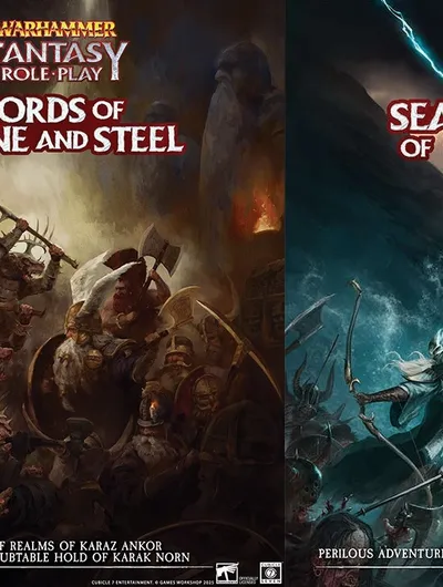 The image features two book covers for Warhammer Fantasy Roleplay. On the left, "Lords of Stone and Steel" showcases a dramatic scene with Dwarfs in battle, wielding axes and shields, set against a backdrop of a fiery forge. On the right, "Sea Wardens of Cothique" depicts a coastal scene with High Elves, one wielding a sword, amidst turbulent waves and stormy skies, emphasizing themes of adventure and intrigue. Both covers prominently display their titles and thematic elements related to their respective settings.