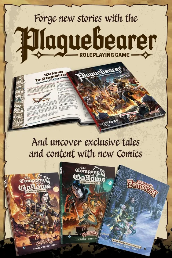 A promotional graphic for the Plaguebearer Roleplaying Game features an open book displaying the introduction page on the left, with illustrations of weapons and a decorative border. On the right, the cover of the Plaguebearer core rulebook is prominently displayed, showcasing dynamic artwork of characters in a fantasy setting. Below, text invites players to forge new stories and uncover exclusive tales with new comics, enhancing the immersive experience of the Zombicide universe.