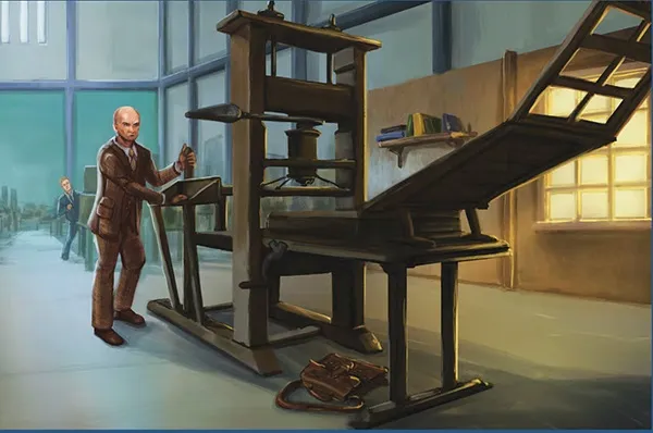 A bald man in a brown suit stands in a workshop, holding a small object in his right hand. He is next to a large wooden printing press with metal components. A wooden workbench with a slanted surface is positioned in front of the press. In the background, there is a shelf with several books and a wooden staircase. The room has large windows and a concrete floor.