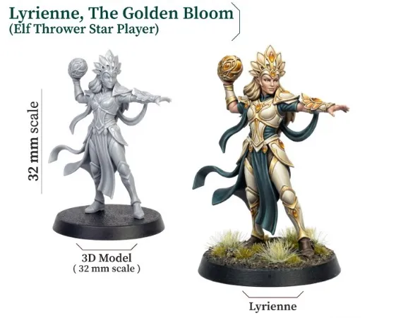 Two 32 mm scale fantasy miniature figurines posed on round black bases. The left figurine depicts a silver-armored elf with long, flowing hair, holding a spiked ball in the right hand raised overhead. The armor has pointed shoulder pauldrons and a layered skirt. The right figurine, labeled "Lyrienne" beneath the base, shows a green-and-gold armored elf with a large, ornate headdress and long hair. This figurine holds a golden ball in the right hand raised overhead and stands on a patch of grass and small rocks. Both figurines are in dynamic, mid-action stances.