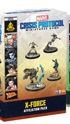 Three boxes of the "Marvel Crisis Protocol Miniatures Game" are displayed. The central box features the "X-Force Affiliation Pack," showcasing miniatures of characters like Cable and Domino, with vibrant colors and dynamic poses. The other two boxes on either side include "Adam Warlock & Moondragon" and "X-23," each adorned with artwork of their respective characters and game branding.