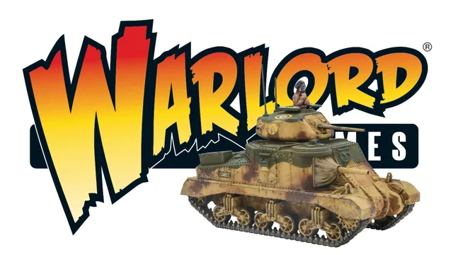 A detailed model of the M3 Grant medium tank is prominently displayed, featuring a camouflage paint scheme with earthy tones. A miniature figure of a soldier wearing a helmet and goggles is positioned on top of the tank, adding a dynamic element to the scene. The background features the bold, stylized text "WARLORD" in vibrant red and yellow, enhancing the overall visual impact.