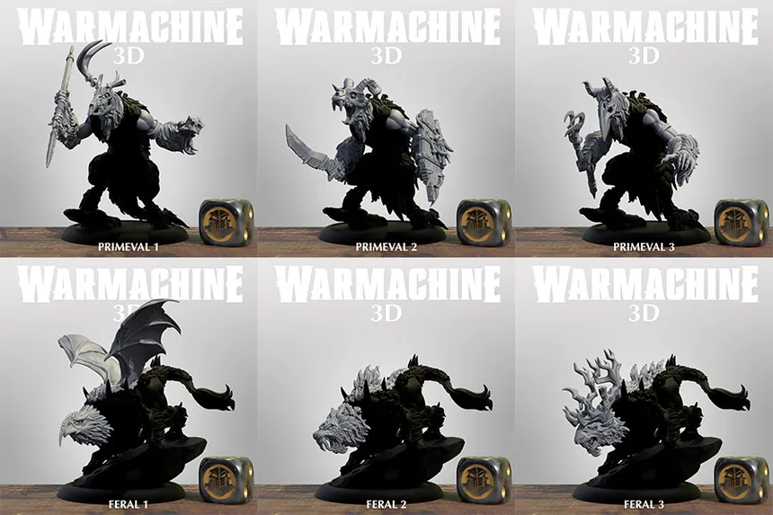 A collection of six 3D models from the Warmachine series is displayed in a grid format. The top row features three Primeval models, each showcasing unique designs with intricate details, including armor and weaponry. The bottom row presents three Feral models, characterized by their beastly forms and dynamic poses, with some featuring wings and distinctive facial features, all set against a simple background.