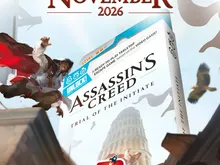 A woman in Assassin’s Creed attire mid-leap over a rooftop, holding a Hidden Blade. A box for Assassin’s Creed: Trial of the Initiate with text: "UNLOCK! READY-TO-PLAY TABLETOP EDGE GAME. DIY VIDEO GAME. £6.99. ASSASSIN’S CREED. TRIAL OF THE INITIATE." Space Cowboys logo at bottom.