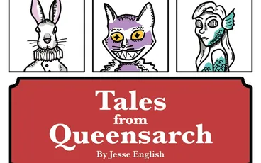 "Tales from Queensarch By Jesse English" with 9 illustrated character portraits in a grid.