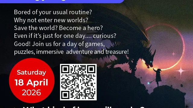 A promotional graphic for the Dragonmeet Call to Adventure event features a dramatic illustration of a dragon silhouetted against a cosmic background with stars and planets. The text invites young adventurers to join a day of games, puzzles, and immersive experiences, highlighting the event's date, Saturday, 18 April 2026, along with a QR code for ticket access. The design includes playful elements and a vibrant color scheme, emphasizing the adventurous theme.