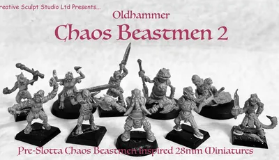 A collection of ten hand-sculpted beastmen miniatures is displayed, showcasing a variety of bizarre mutations, including hooves, tentacles, and horns. Each figure is cast in white metal and features unique weapons and minimal armor, emphasizing their grotesque designs. The text "Oldhammer Chaos Beastmen 2" is prominently featured, along with a subtitle indicating they are inspired by 28mm miniatures.