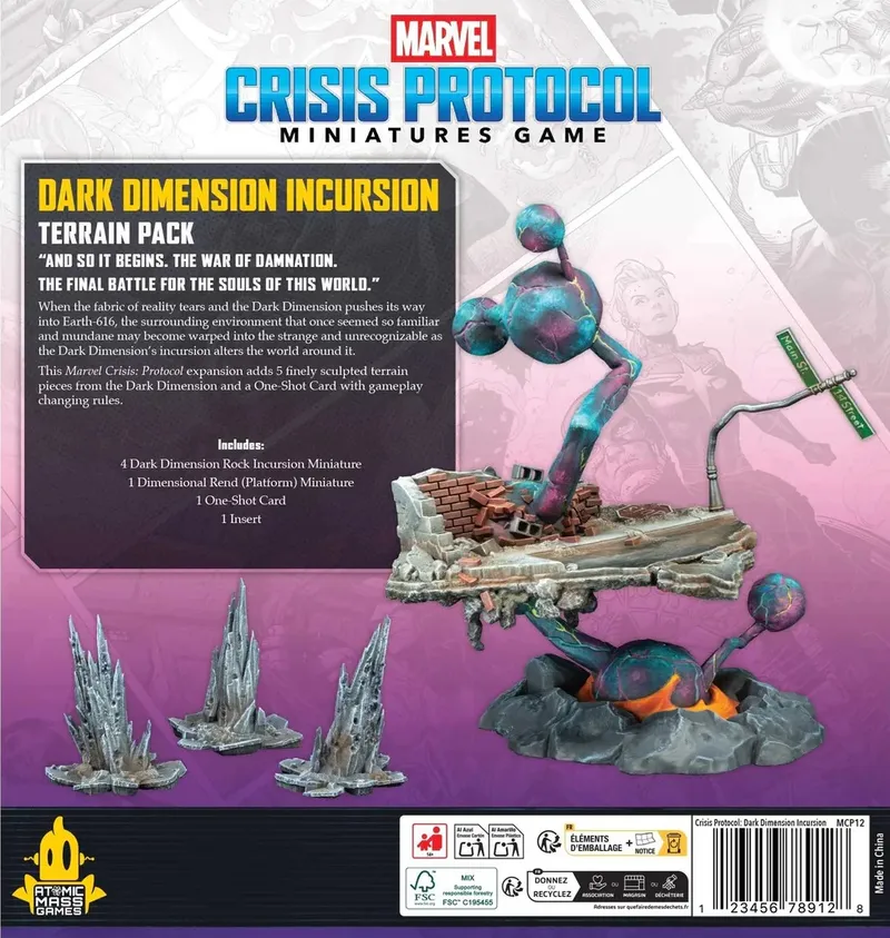 The back of a Marvel Crisis Protocol Miniatures Game box titled "DARK DIMENSION INCURSION TERRAIN PACK" with the tagline "AND SO IT BEGINS. THE WAR OF DAMNATION. THE FINAL BATTLE FOR THE SOULS OF THIS WORLD." The box features an image of a diorama with a large, colorful, metallic figure with a hammer-like appendage standing on a ruined brick platform, surrounded by jagged crystal-like terrain pieces. The box lists the contents: 4 Dark Dimension Rock Incursion Miniatures, 1 Dimensional Rend (Platform) Miniature, 1 One-Shot Card, and 1 Insert. The bottom of the box includes logos for Atomic Mass Games, recycling symbols, and a barcode. The background of the box is a gradient of purple and pink.